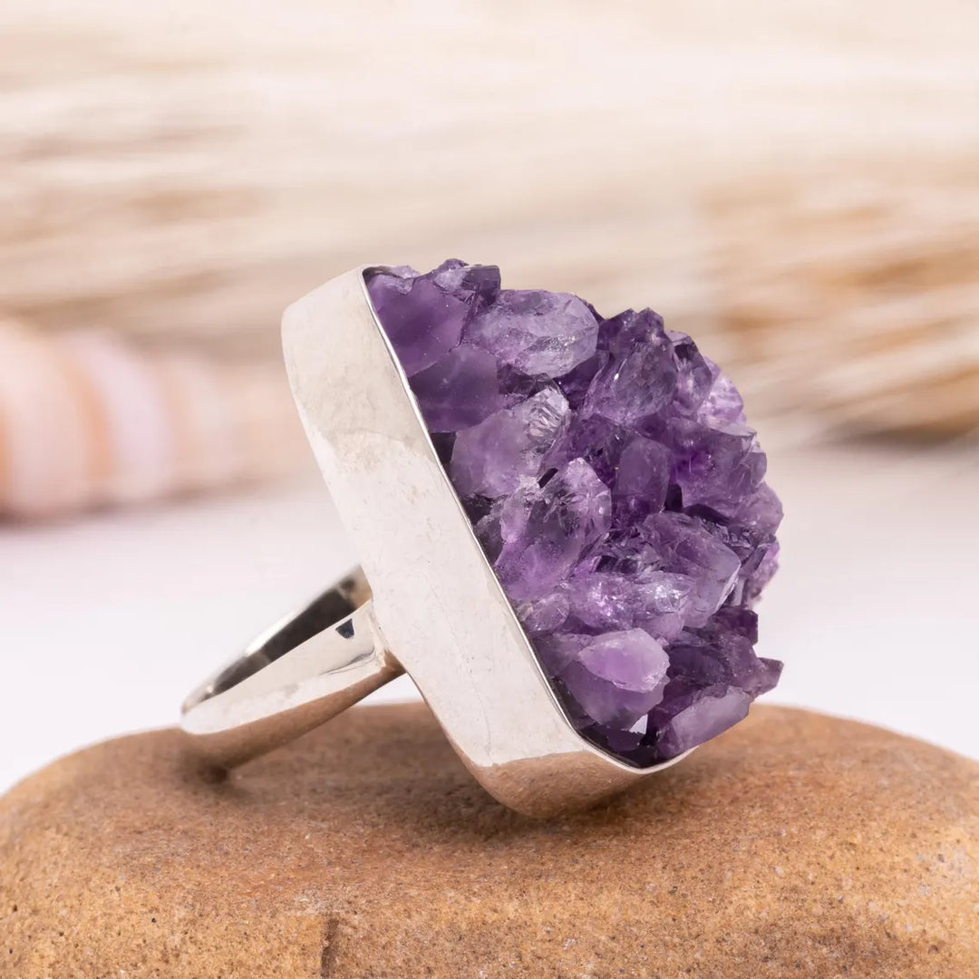 Raw Amethyst Geode Ring: Chunky Sterling Silver Crystal Statement Jewelry
