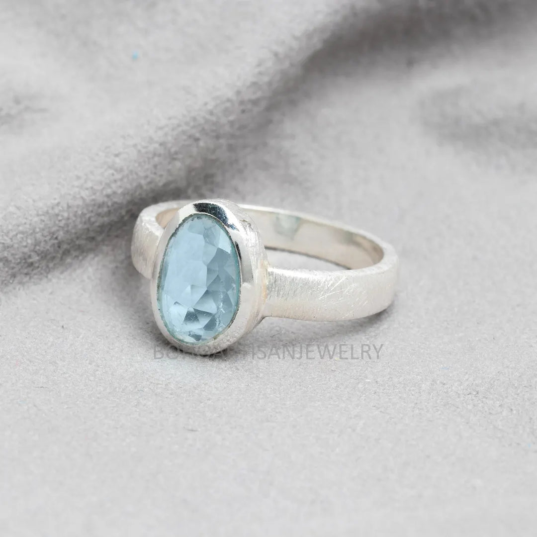Aquamarine Rose Cut Ring: Handmade Sterling Silver March Birthstone