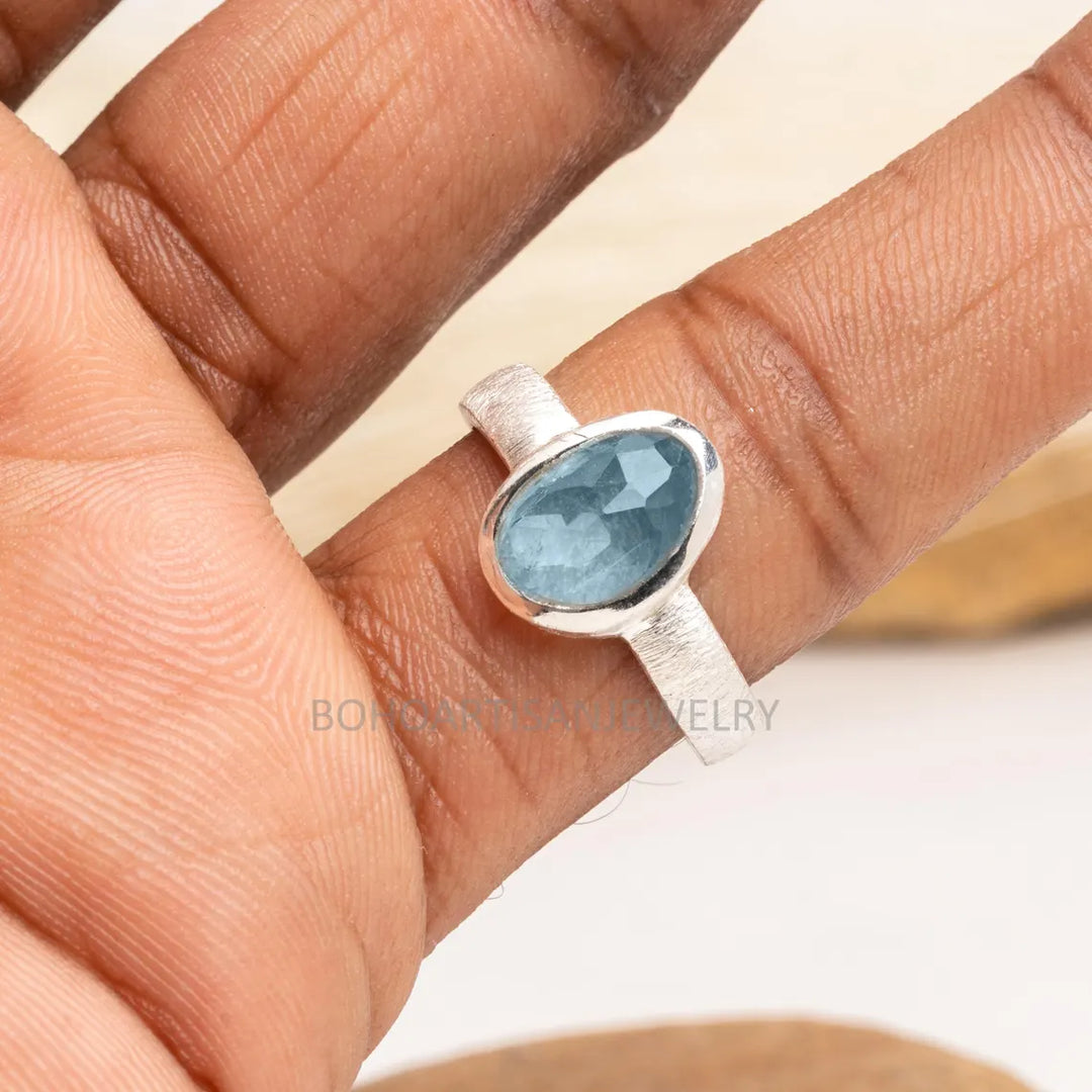 Aquamarine Rose Cut Ring: Handmade Sterling Silver March Birthstone