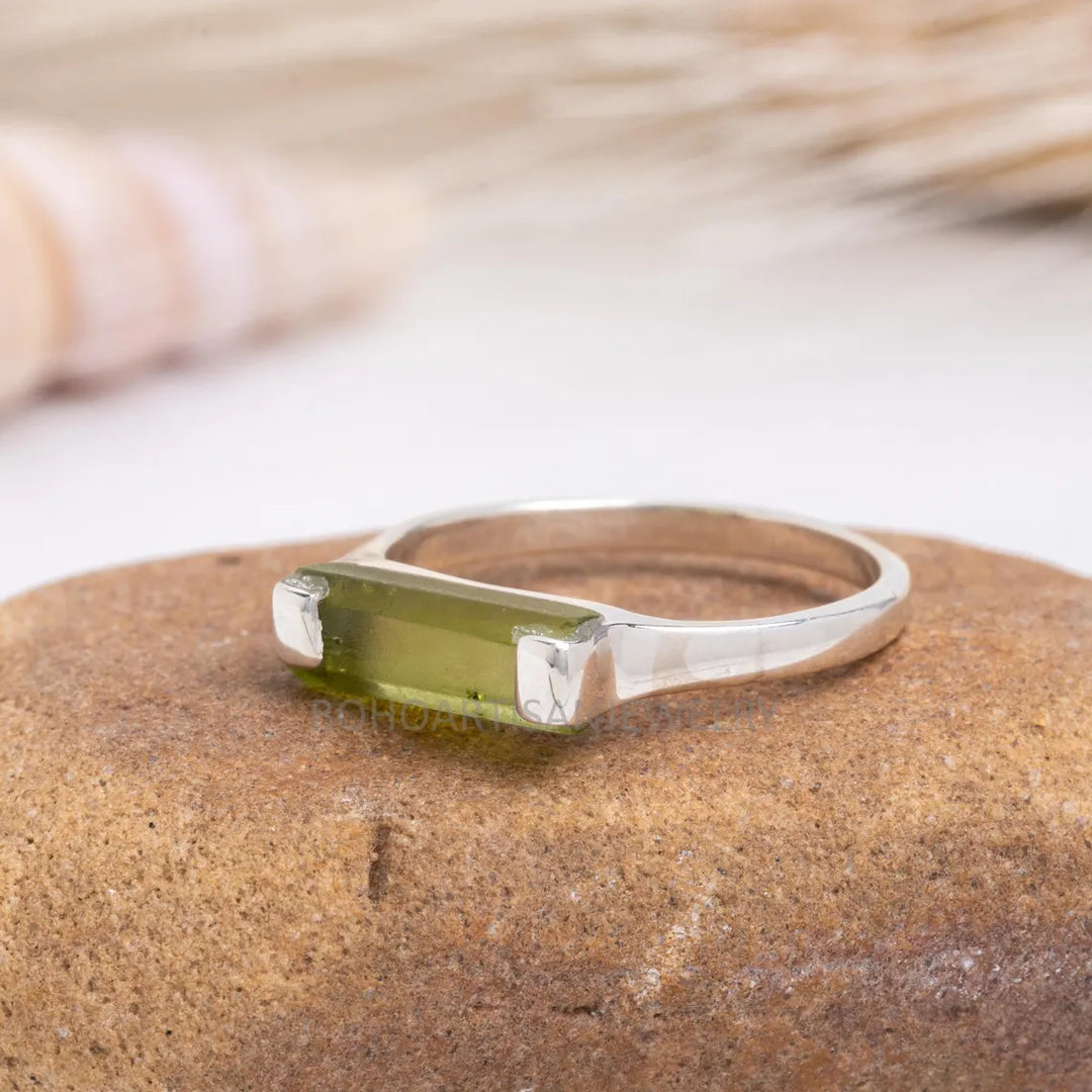 Raw Peridot Bar Ring: Sterling Silver August Birthstone