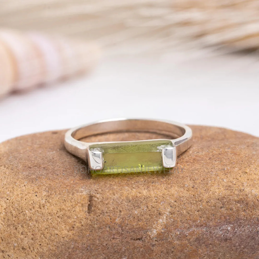 Raw Peridot Bar Ring: Sterling Silver August Birthstone