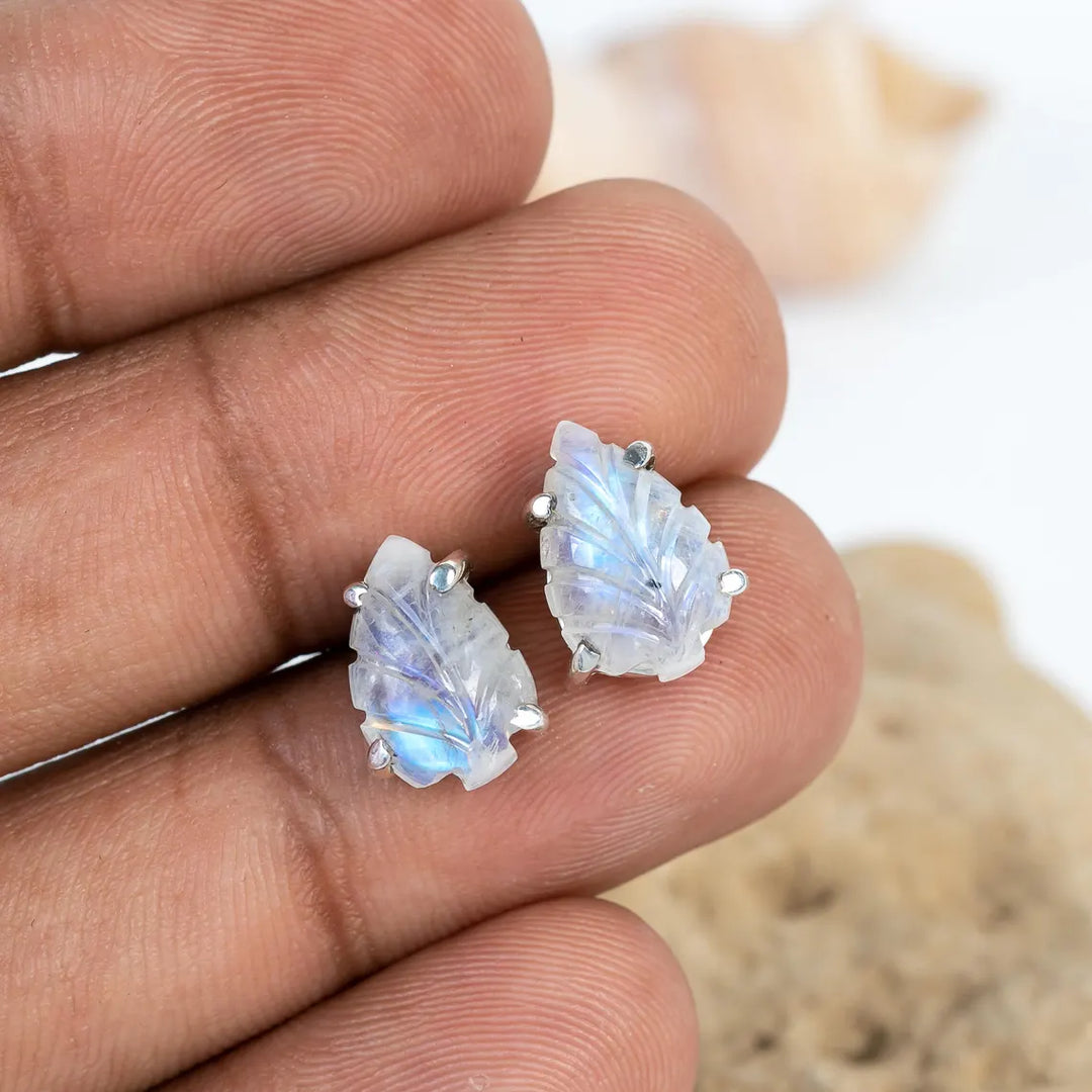 Hand Carved Labradorite Leaf Earrings: 925 Sterling Silver Boho Studs