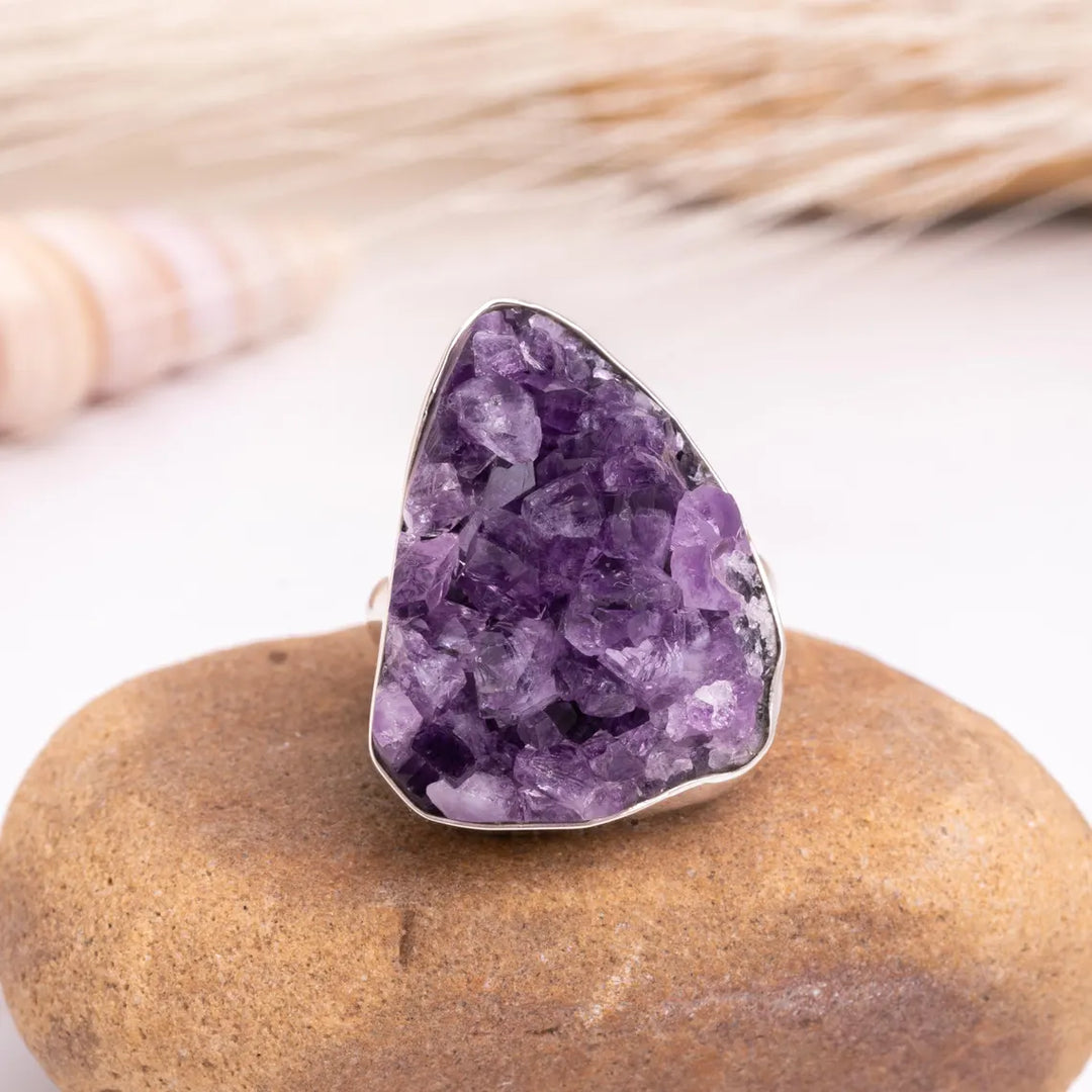 Raw Amethyst Geode Ring: Chunky Sterling Silver Crystal Statement Jewelry