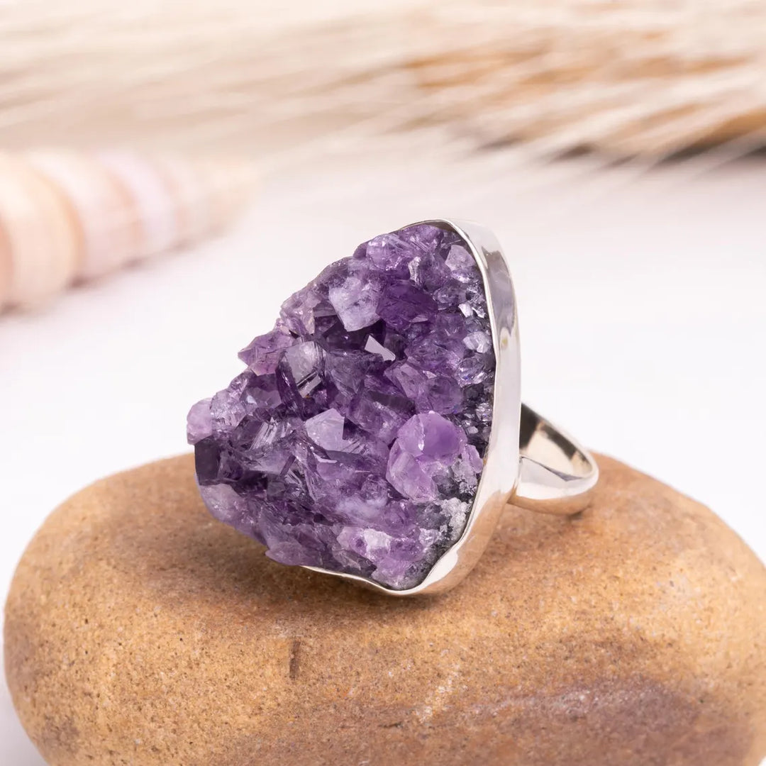 Raw Amethyst Geode Ring: Chunky Sterling Silver Crystal Statement Jewelry