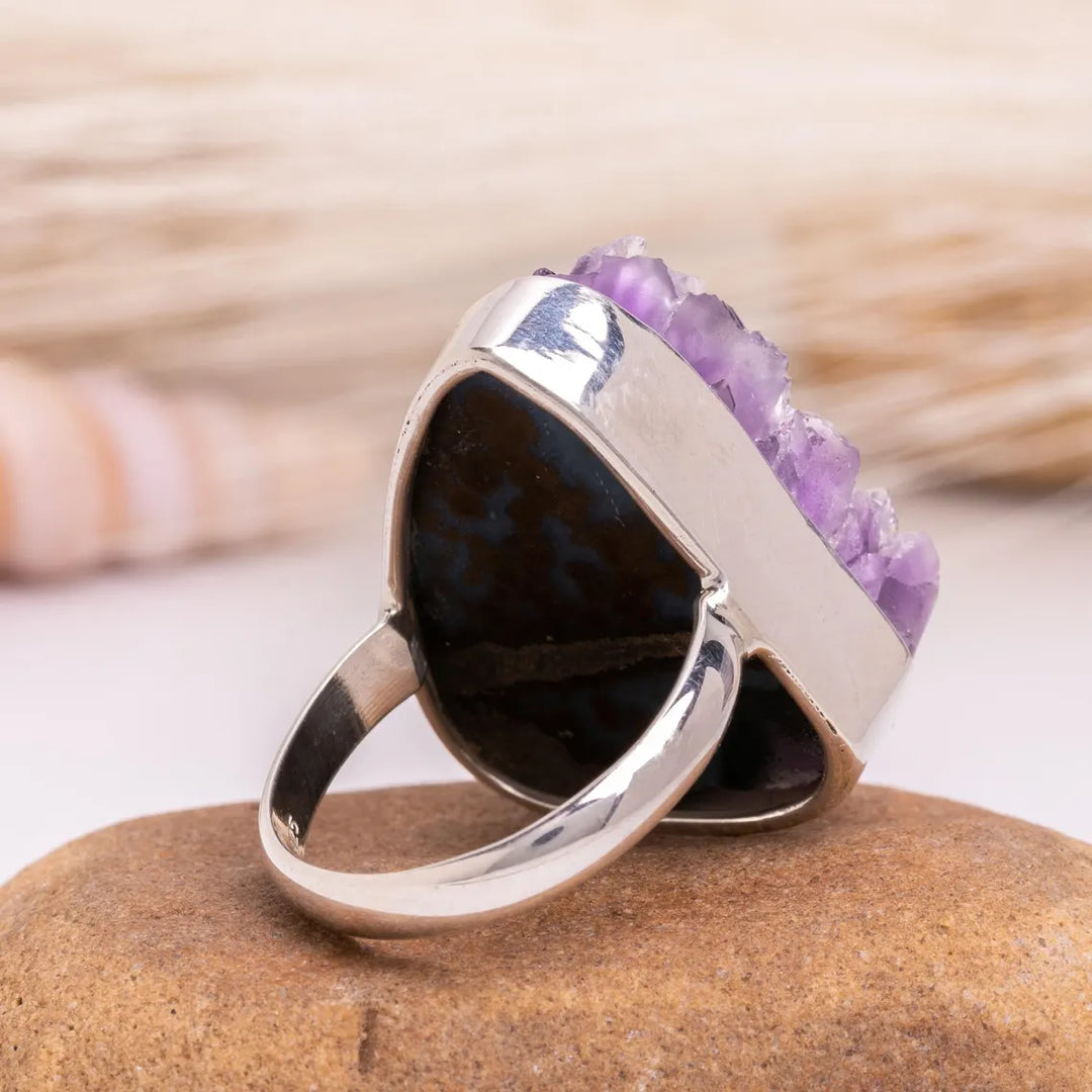 Raw Amethyst Geode Ring: Chunky Sterling Silver Crystal Statement Jewelry