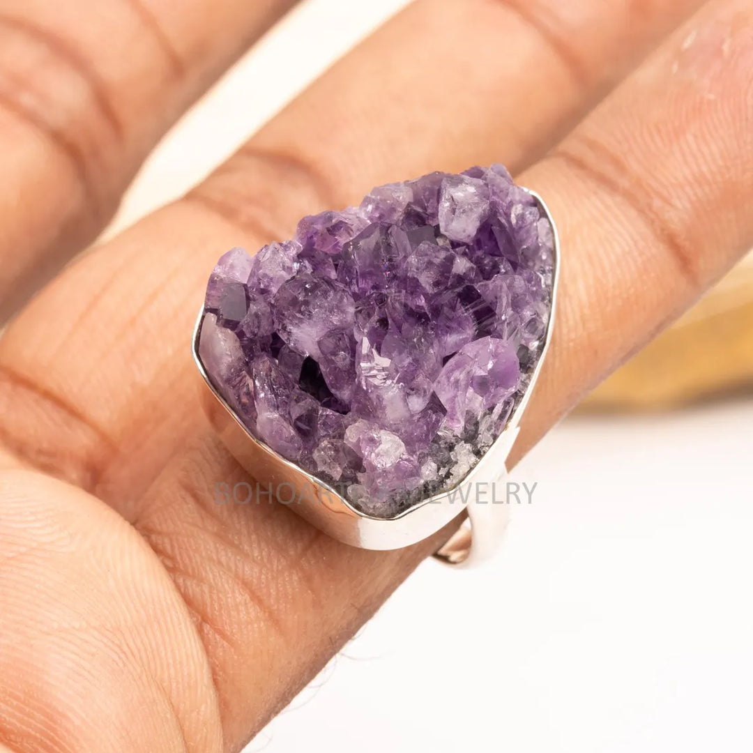 Raw Amethyst Geode Ring: Chunky Sterling Silver Crystal Statement Jewelry