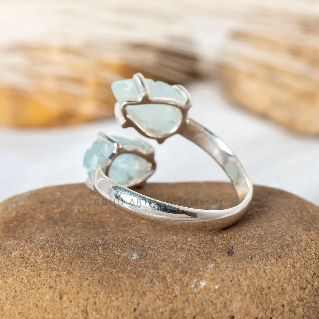 Handmade Aquamarine Toi Et Moi Ring: Floral Carved Sterling Silver