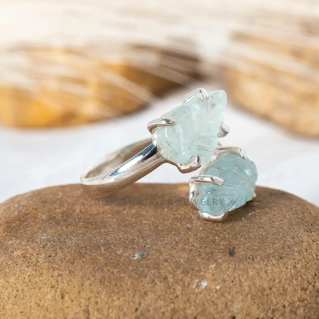 Handmade Aquamarine Toi Et Moi Ring: Floral Carved Sterling Silver