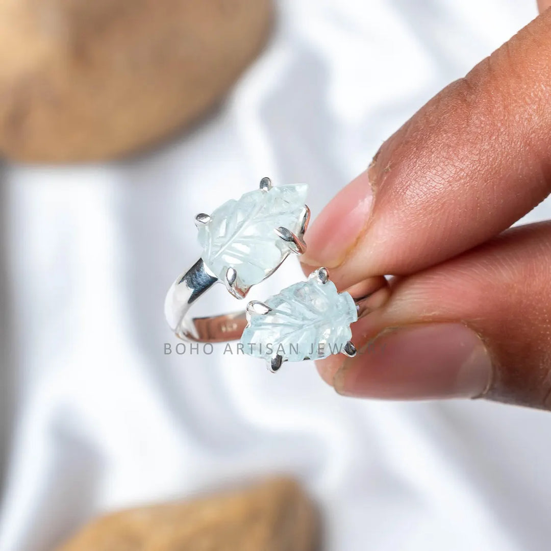 Handmade Aquamarine Toi Et Moi Ring: Floral Carved Sterling Silver