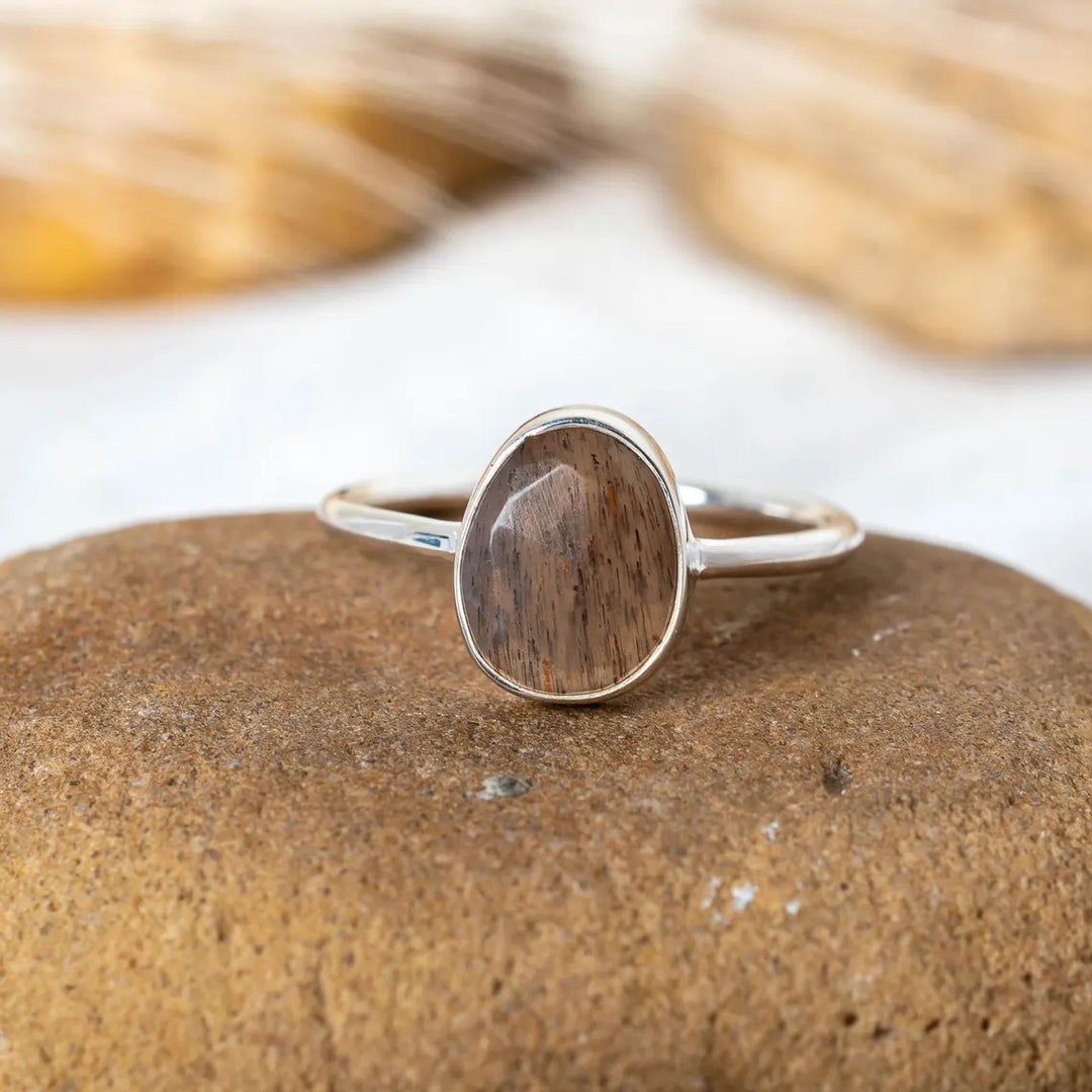 Handmade Chocolate Moonstone Ring: Sterling Silver, Rose Cut Jewelry