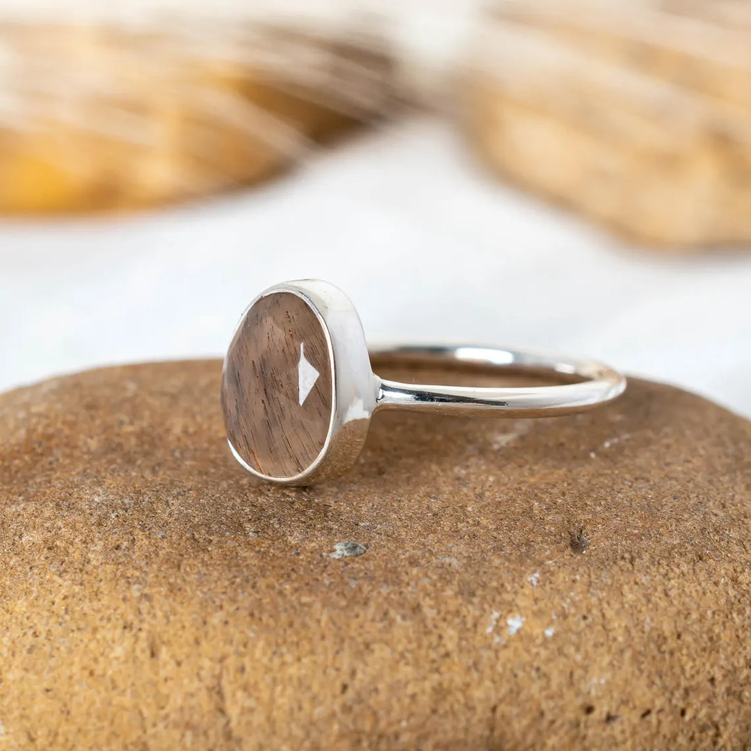 Handmade Chocolate Moonstone Ring: Sterling Silver, Rose Cut Jewelry