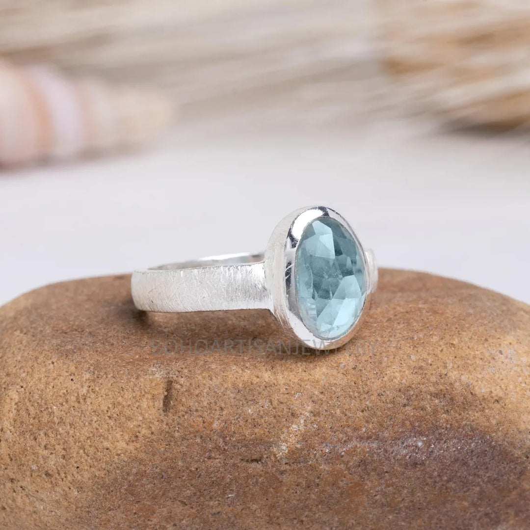 Aquamarine Rose Cut Ring: Handmade Sterling Silver March Birthstone