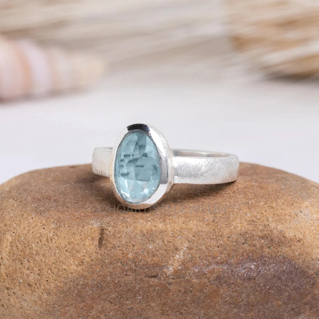 Aquamarine Rose Cut Ring: Handmade Sterling Silver March Birthstone