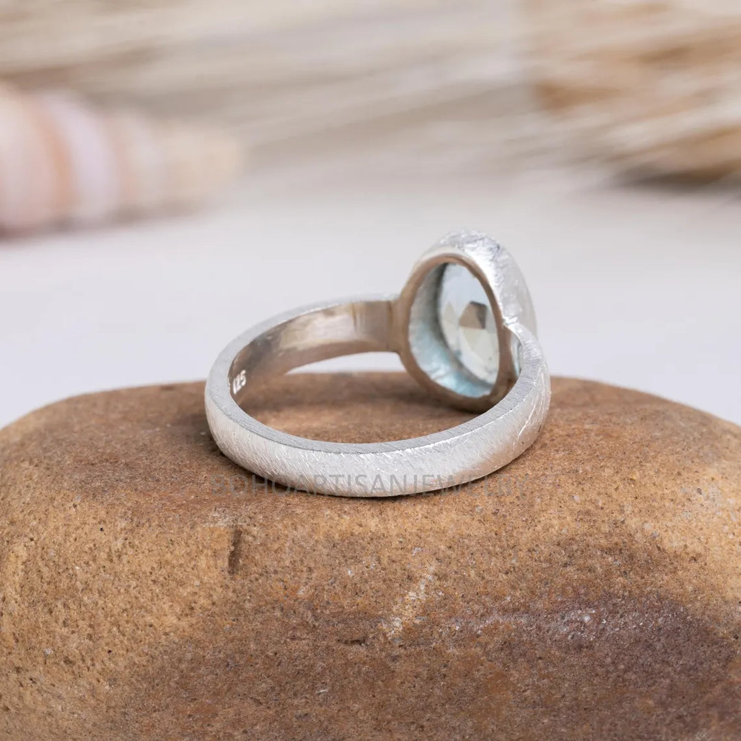 Aquamarine Rose Cut Ring: Handmade Sterling Silver March Birthstone
