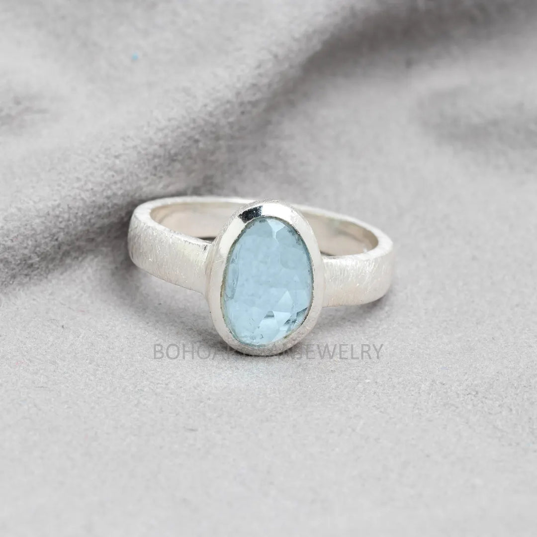 Aquamarine Rose Cut Ring: Handmade Sterling Silver March Birthstone