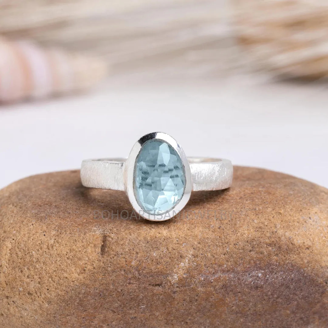 Aquamarine Rose Cut Ring: Handmade Sterling Silver March Birthstone