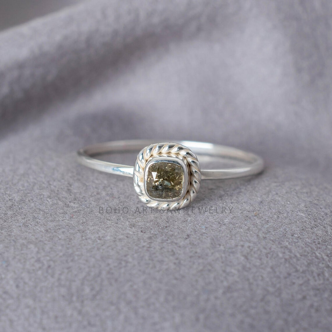 Yellow Diamond Ring, Natural Cushion Cut Rope Bezel, 925 Sterling Silver, Boho Stacking Engagement Ring, April Birthstone, Gift for Her