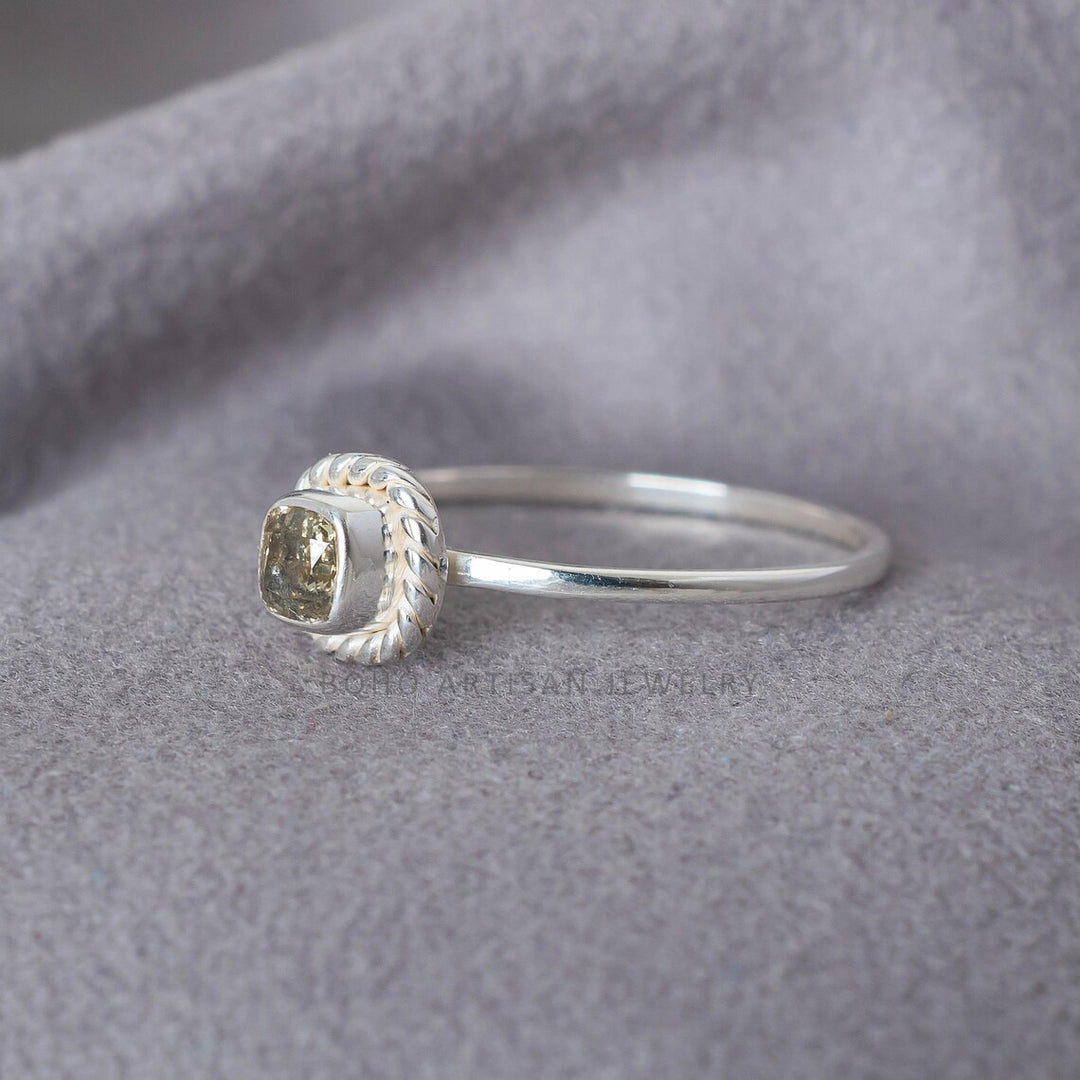 Yellow Diamond Ring, Natural Cushion Cut Rope Bezel, 925 Sterling Silver, Boho Stacking Engagement Ring, April Birthstone, Gift for Her