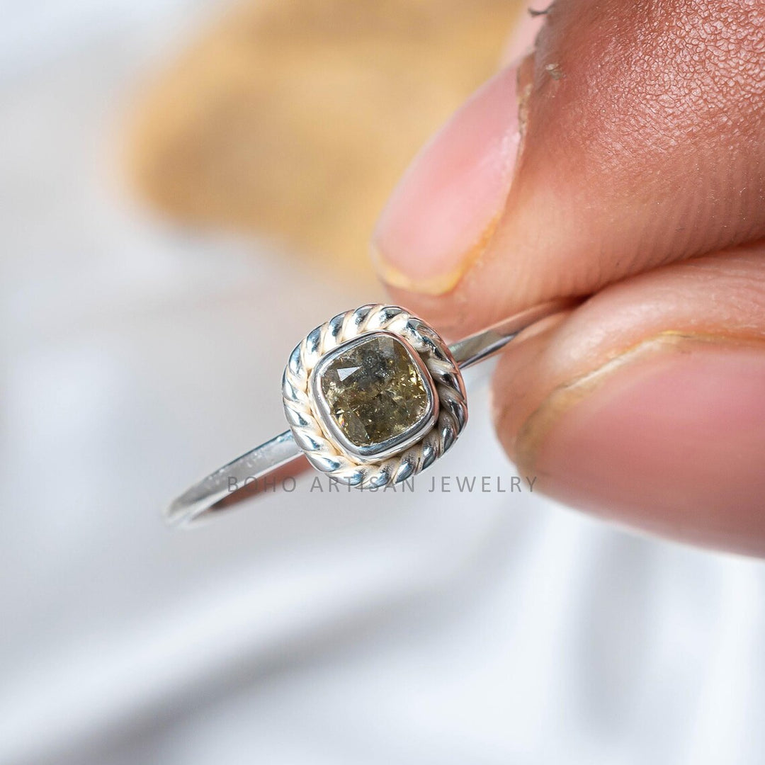 Yellow Diamond Ring, Natural Cushion Cut Rope Bezel, 925 Sterling Silver, Boho Stacking Engagement Ring, April Birthstone, Gift for Her