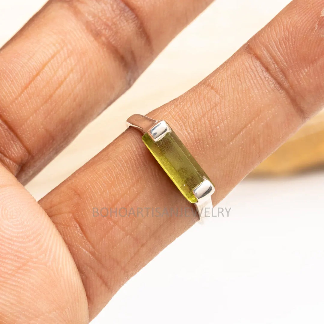 Raw Peridot Bar Ring: Sterling Silver August Birthstone