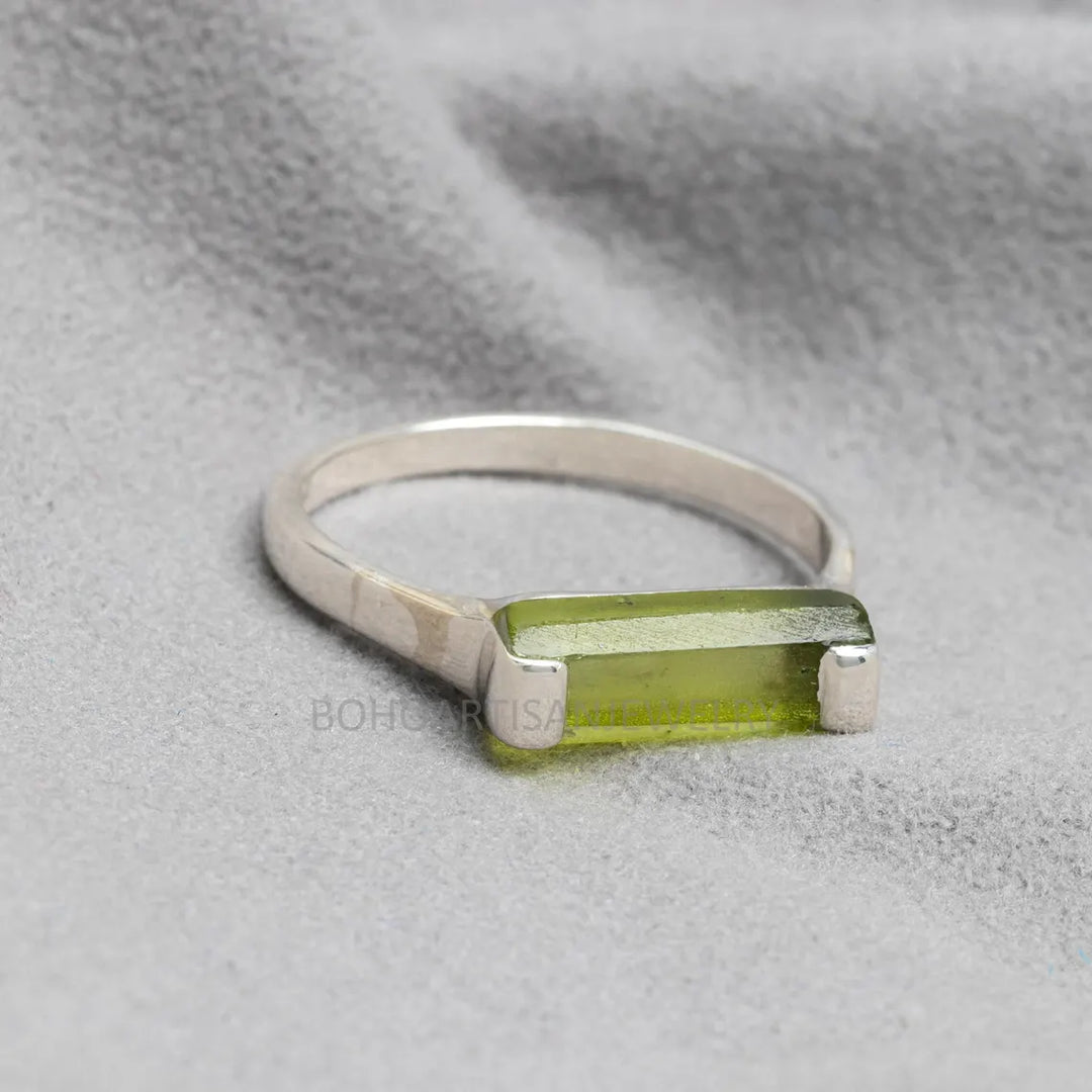 Raw Peridot Bar Ring: Sterling Silver August Birthstone