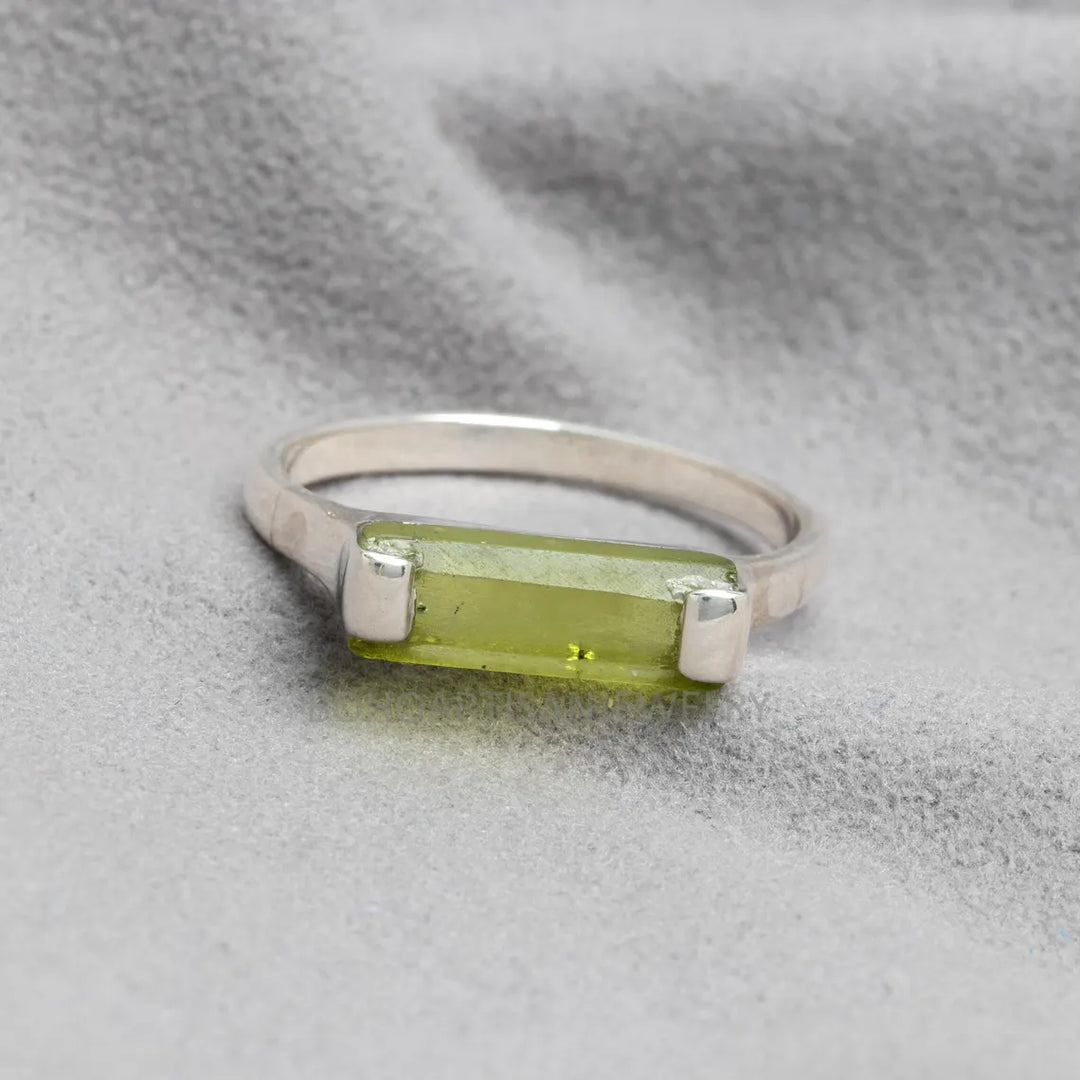 Raw Peridot Bar Ring: Sterling Silver August Birthstone