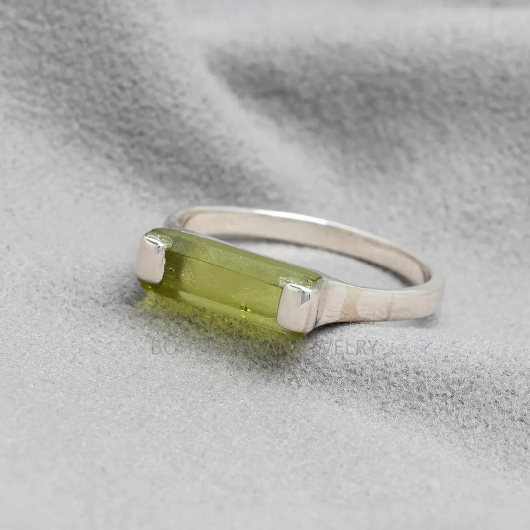 Raw Peridot Bar Ring: Sterling Silver August Birthstone