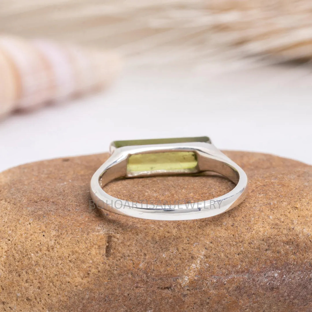 Raw Peridot Bar Ring: Sterling Silver August Birthstone