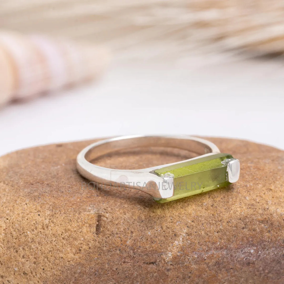 Raw Peridot Bar Ring: Sterling Silver August Birthstone
