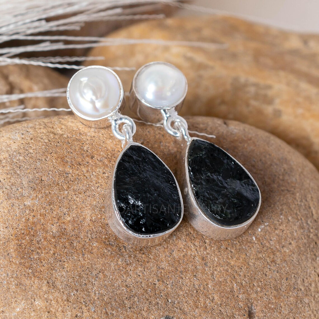 Pearl & Black Tourmaline Sterling Silver Earrings: Raw Gemstone Boho Studs