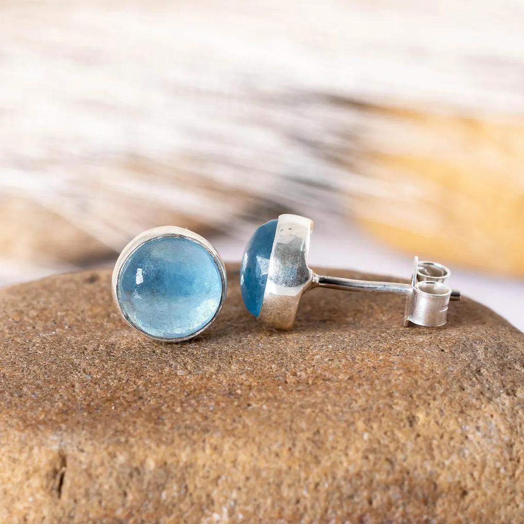 Aquamarine Moonstone Stud Earrings: Handmade Sterling Silver Jewelry