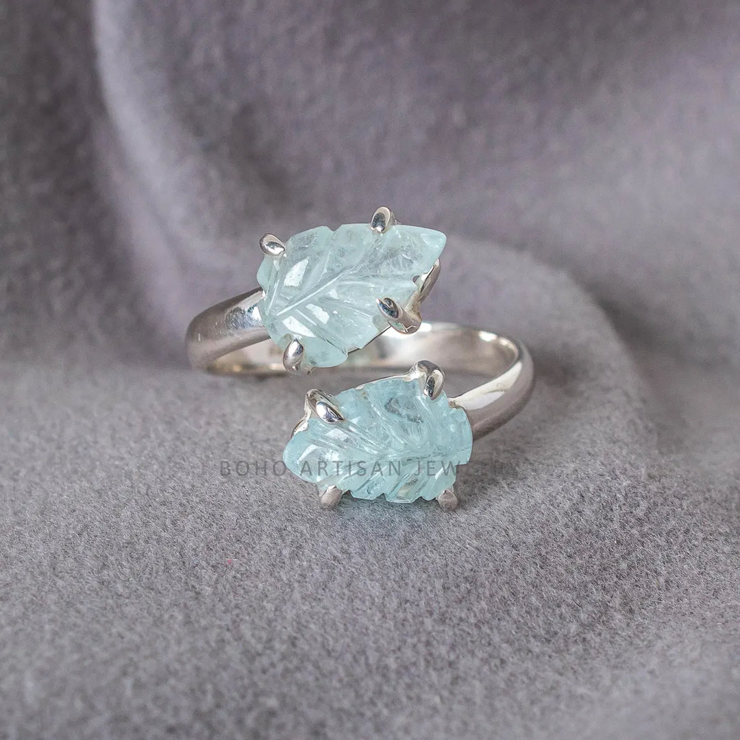 Handmade Aquamarine Toi Et Moi Ring: Floral Carved Sterling Silver