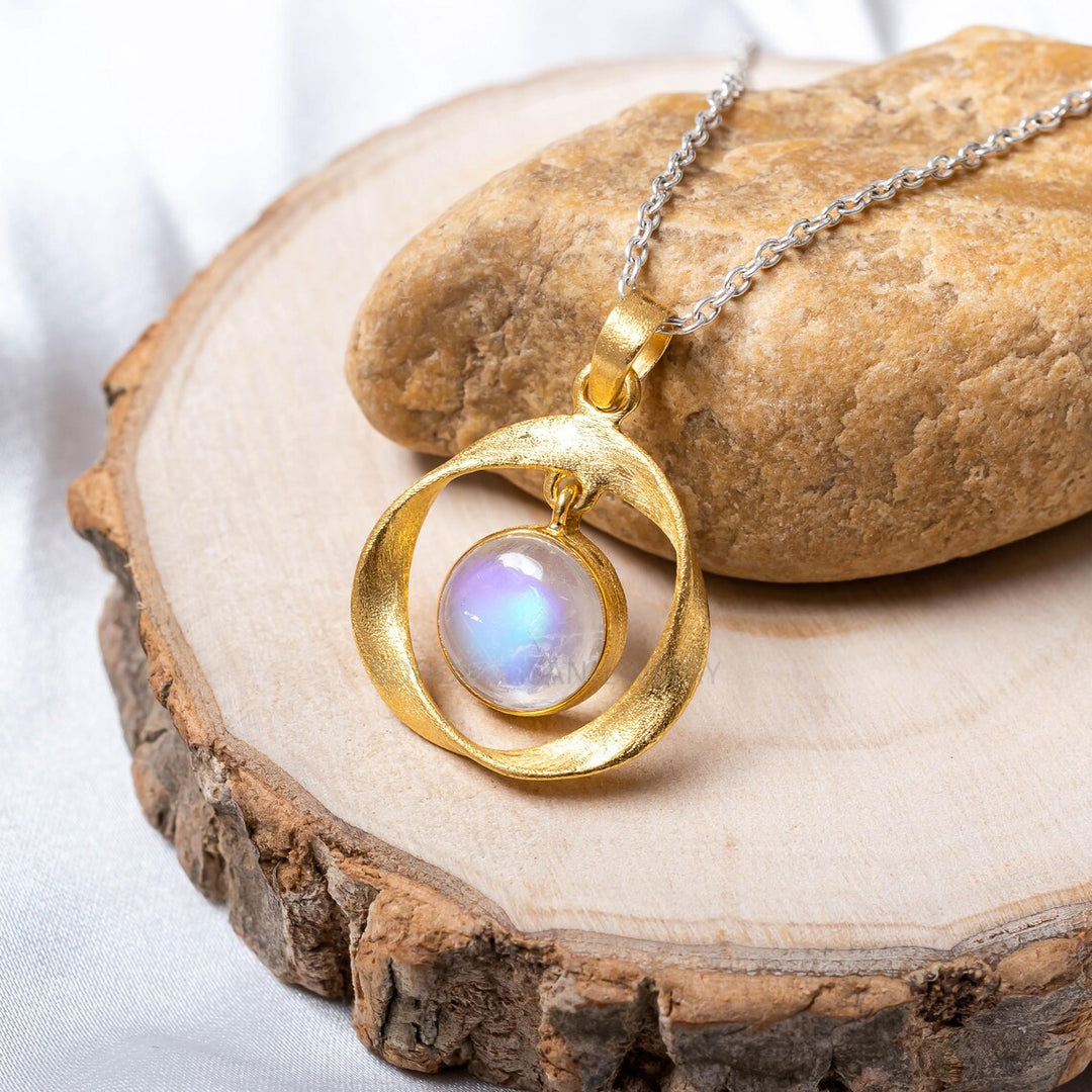Blue Moonstone Gold Pendant: 925 Sterling Silver, July Birthstone