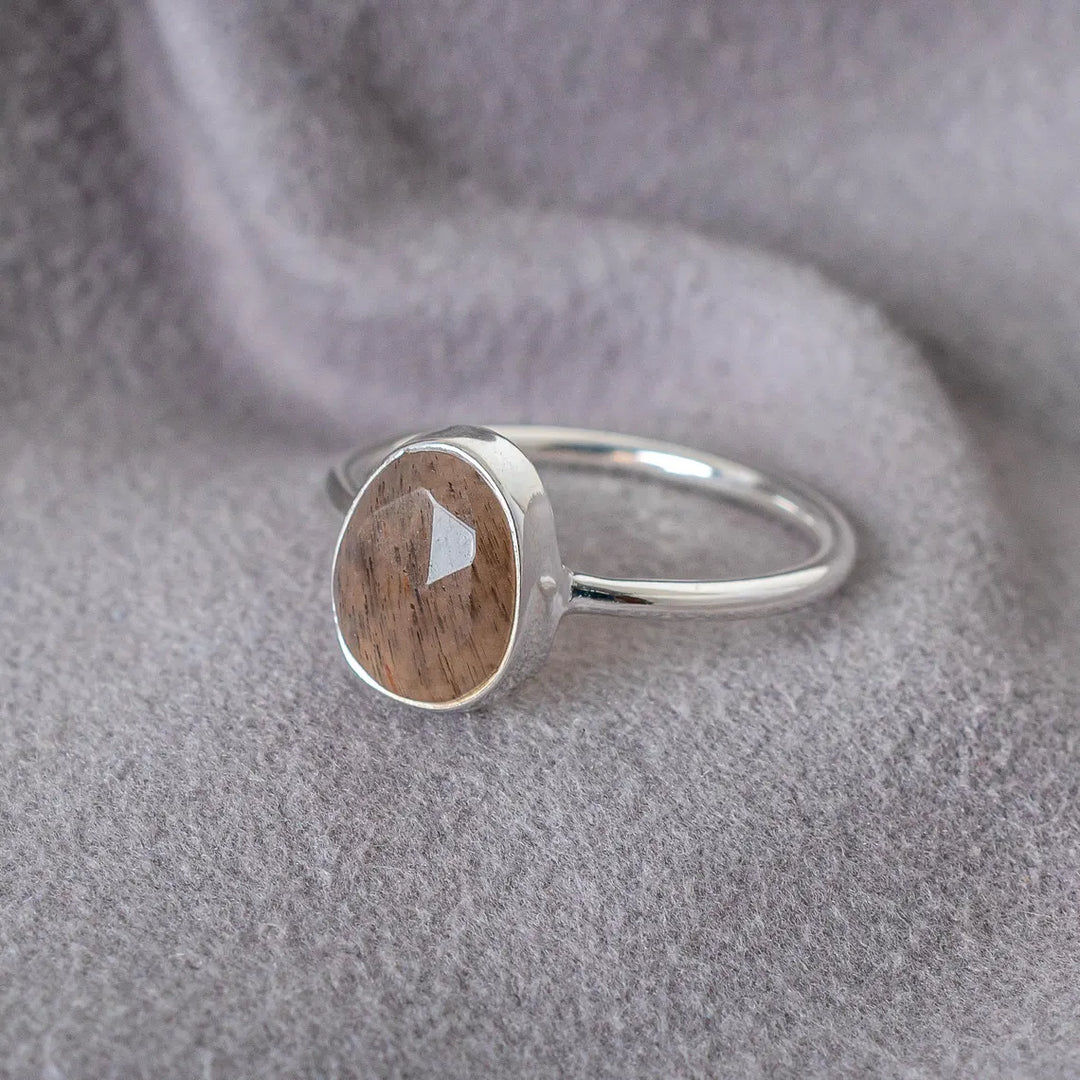 Handmade Chocolate Moonstone Ring: Sterling Silver, Rose Cut Jewelry
