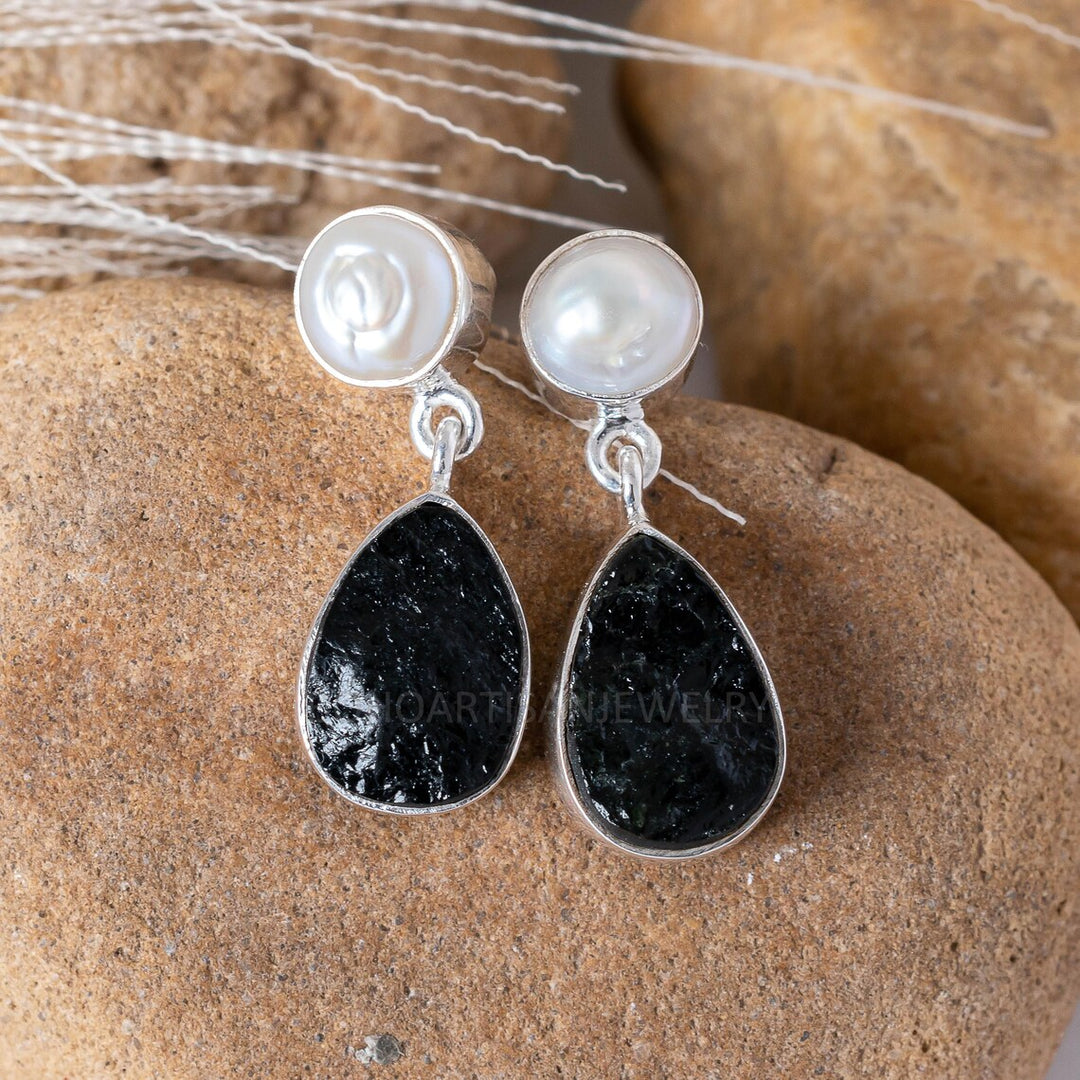 Pearl & Black Tourmaline Sterling Silver Earrings: Raw Gemstone Boho Studs