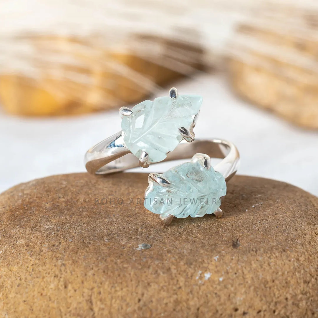 Handmade Aquamarine Toi Et Moi Ring: Floral Carved Sterling Silver
