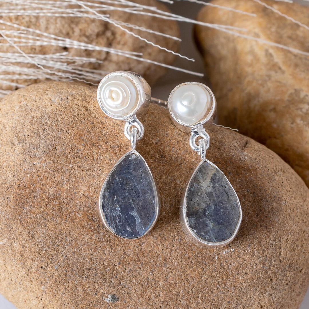 Pearl & Black Tourmaline Sterling Silver Earrings: Raw Gemstone Boho Studs