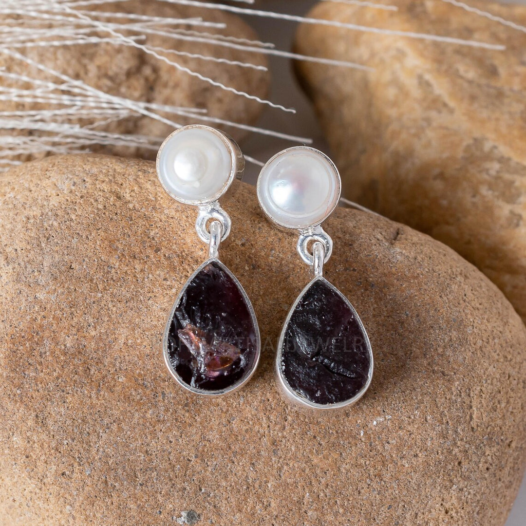 Pearl & Black Tourmaline Sterling Silver Earrings: Raw Gemstone Boho Studs