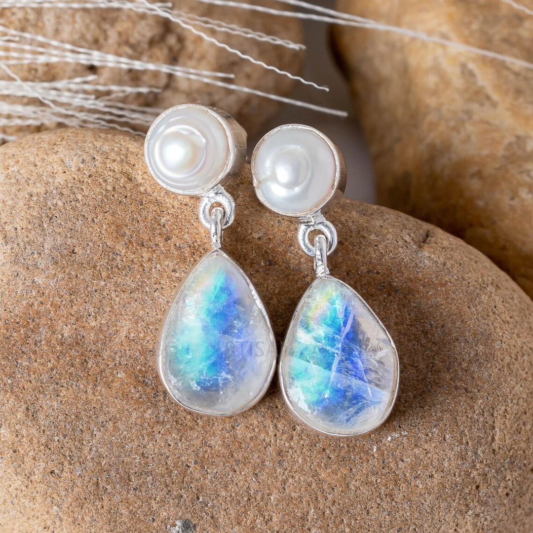 Pearl & Black Tourmaline Sterling Silver Earrings: Raw Gemstone Boho Studs