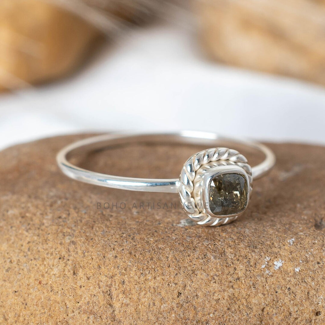 Yellow Diamond Ring, Natural Cushion Cut Rope Bezel, 925 Sterling Silver, Boho Stacking Engagement Ring, April Birthstone, Gift for Her