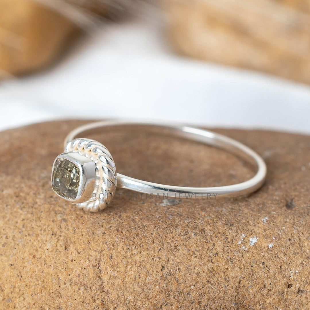 Yellow Diamond Ring, Natural Cushion Cut Rope Bezel, 925 Sterling Silver, Boho Stacking Engagement Ring, April Birthstone, Gift for Her