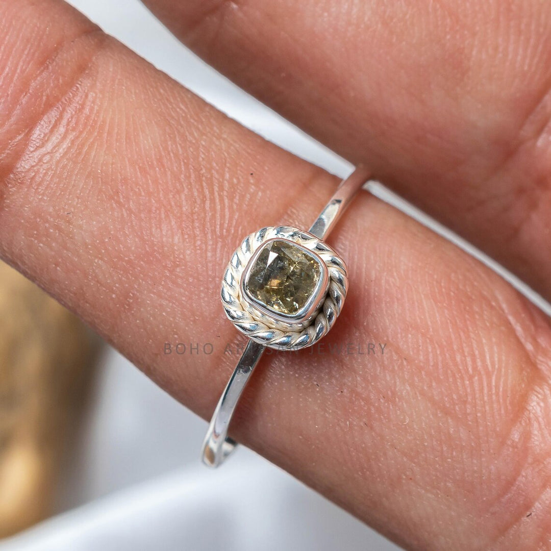 Yellow Diamond Ring, Natural Cushion Cut Rope Bezel, 925 Sterling Silver, Boho Stacking Engagement Ring, April Birthstone, Gift for Her
