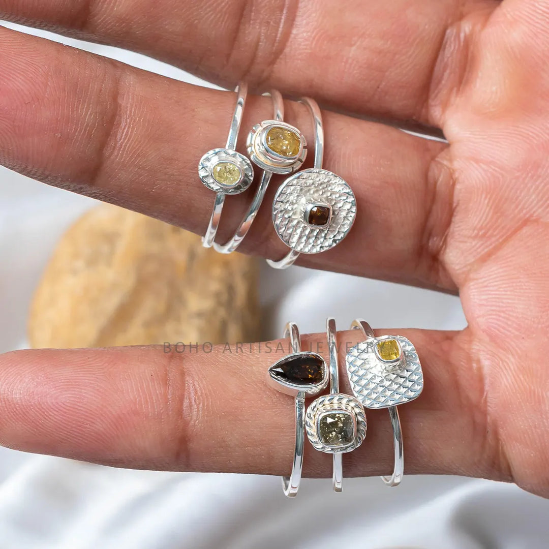 Handmade Sterling Silver Diamond Stacking Ring Set - Boho Engagement