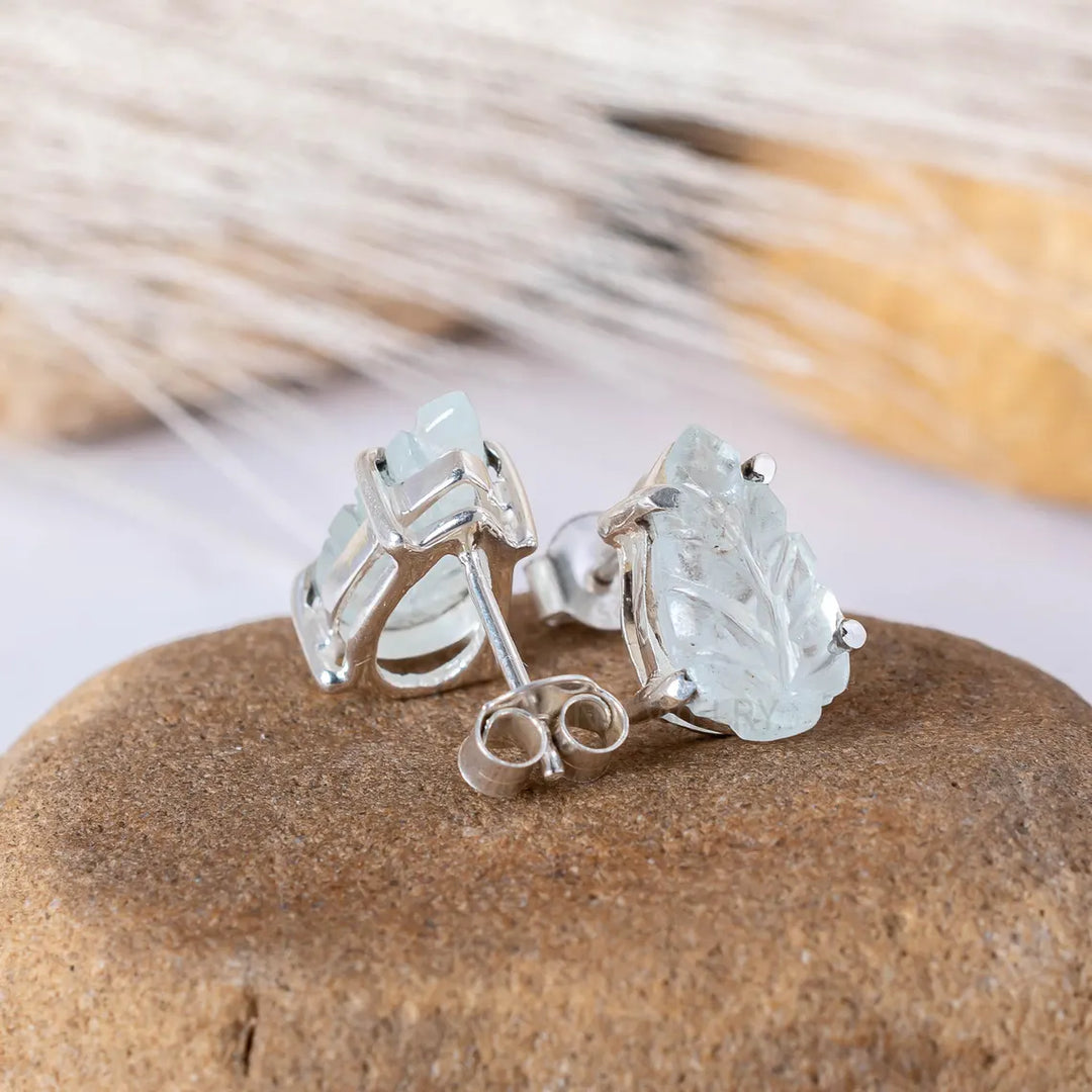 Hand Carved Labradorite Leaf Earrings: 925 Sterling Silver Boho Studs
