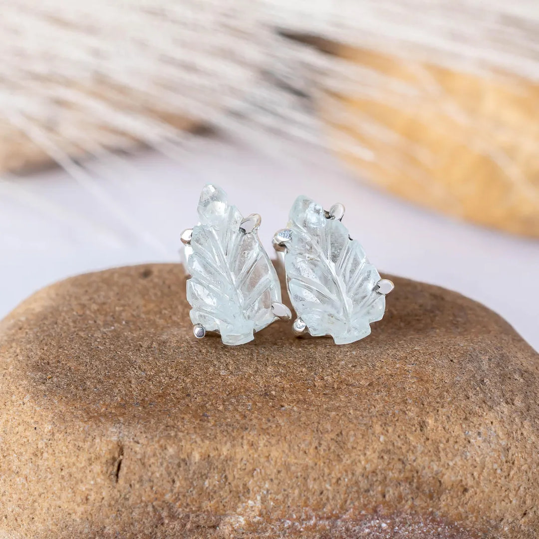 Hand Carved Labradorite Leaf Earrings: 925 Sterling Silver Boho Studs