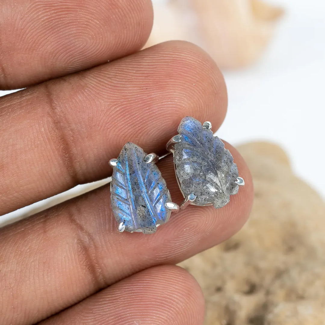Hand Carved Labradorite Leaf Earrings: 925 Sterling Silver Boho Studs