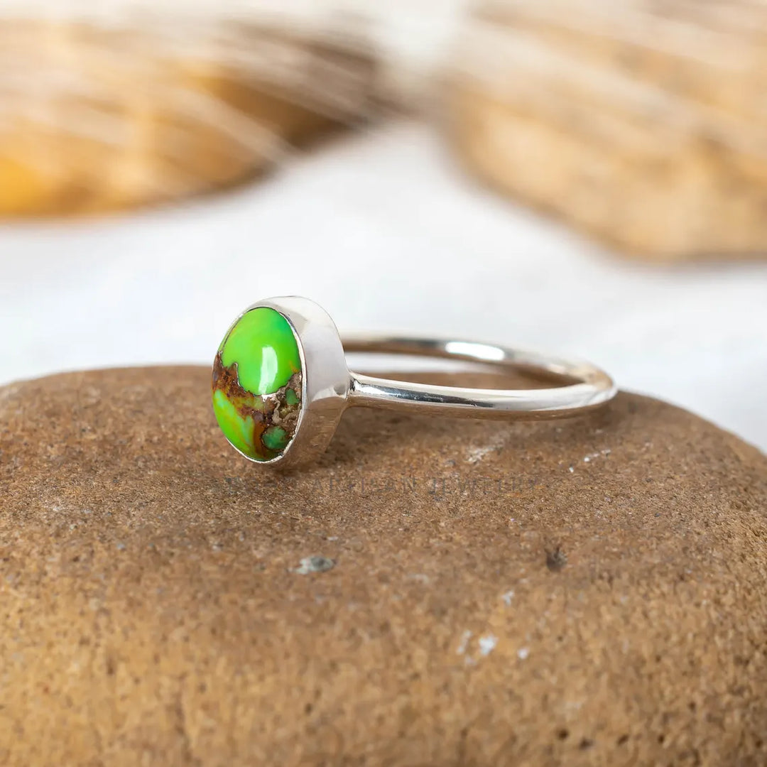Green Turquoise Sterling Silver Ring: Boho Copper Accent