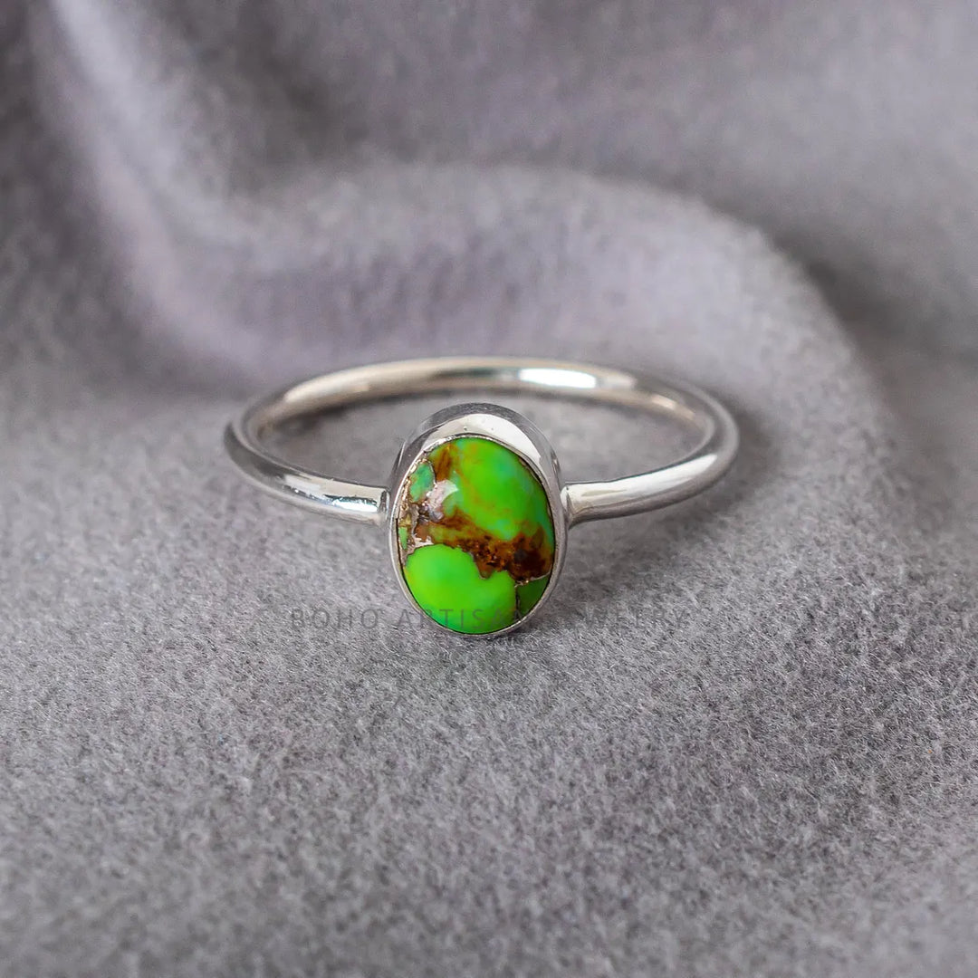 Green Turquoise Sterling Silver Ring: Boho Copper Accent