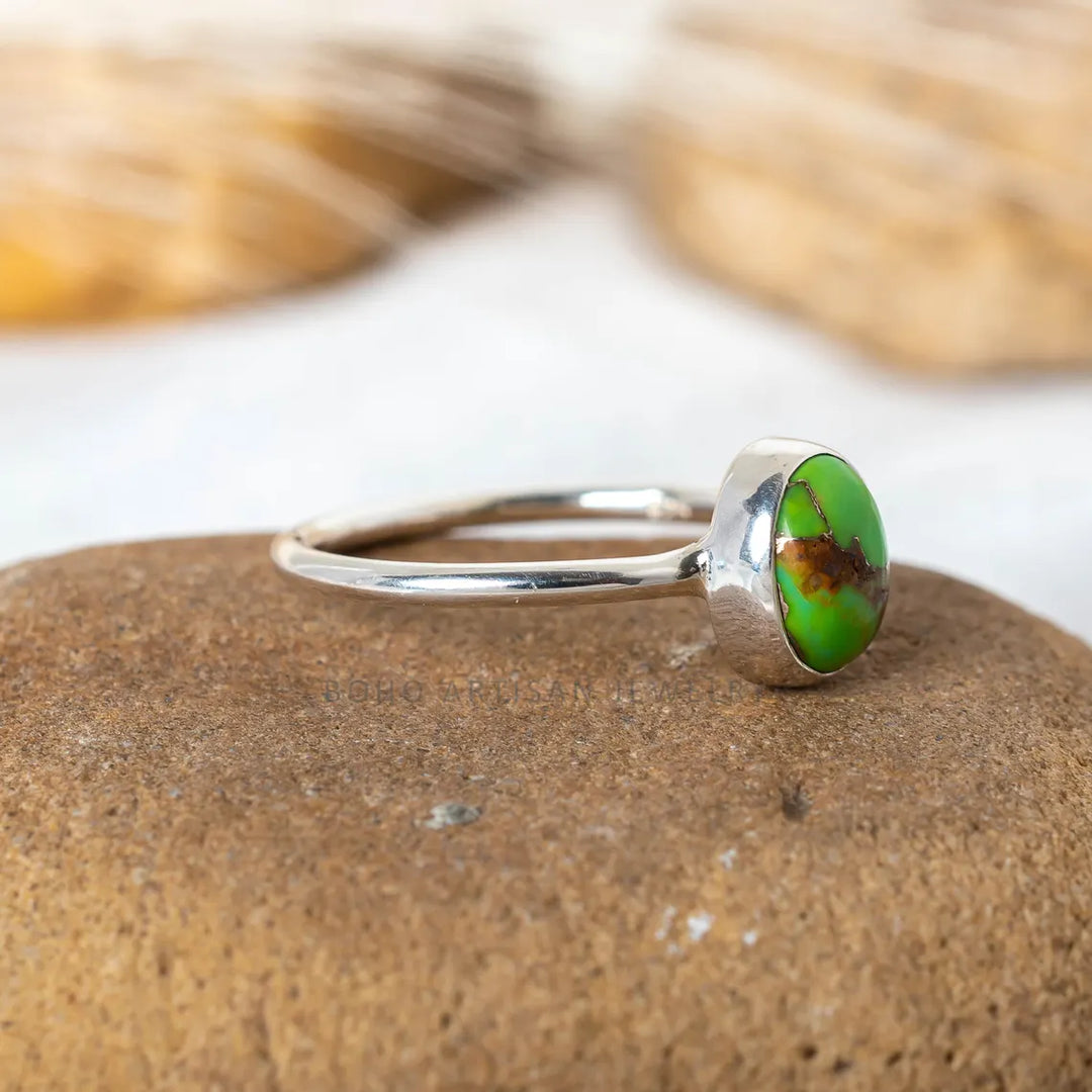 Green Turquoise Sterling Silver Ring: Boho Copper Accent