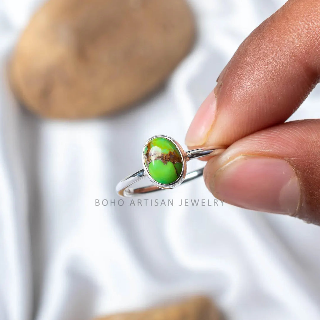 Green Turquoise Sterling Silver Ring: Boho Copper Accent